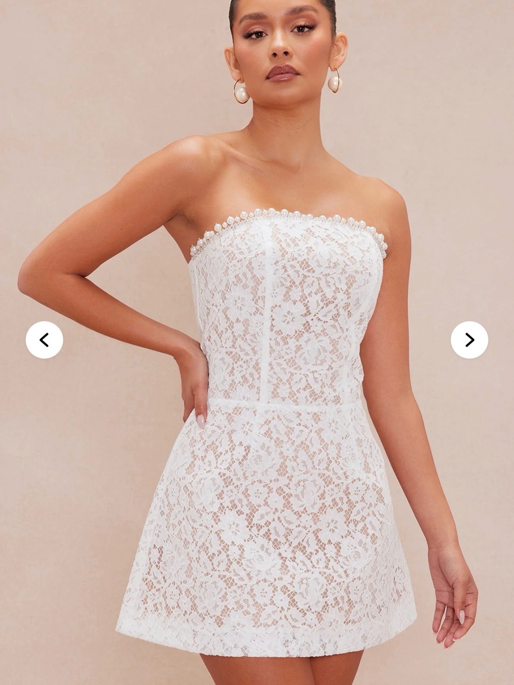 Fashion Nova White Strapless Lace Mini Dress with Pearl Trim